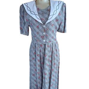 Vintage Dress 10/12 1980s Floral Plaid Dress Pad Sailor Collar JBS Secretary Mom